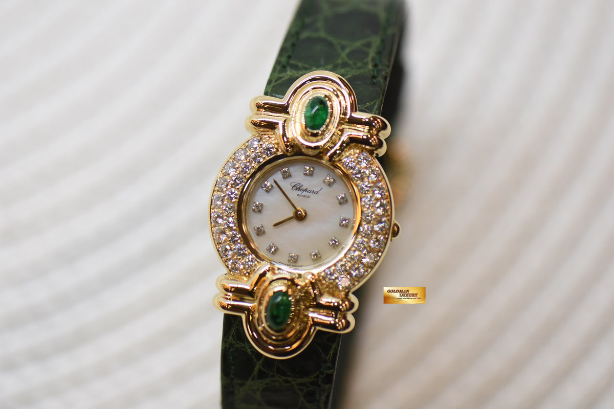 CHOPARD FANCY DIAMOND & EMERALD LADIES YELLOW GOLD MOP DIAMOND DIAL QUARTZ 13-603D-22 (MINT)