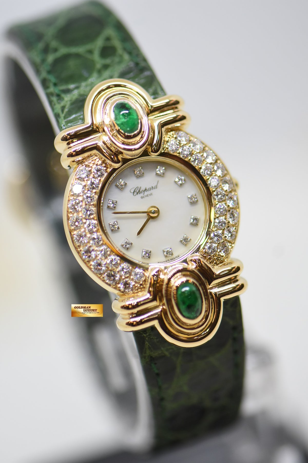 CHOPARD FANCY DIAMOND & EMERALD LADIES YELLOW GOLD MOP DIAMOND DIAL QUARTZ 13-603D-22 (MINT)