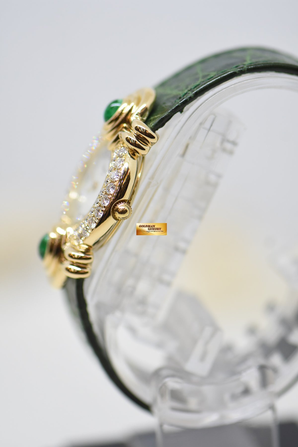 CHOPARD FANCY DIAMOND & EMERALD LADIES YELLOW GOLD MOP DIAMOND DIAL QUARTZ 13-603D-22 (MINT)