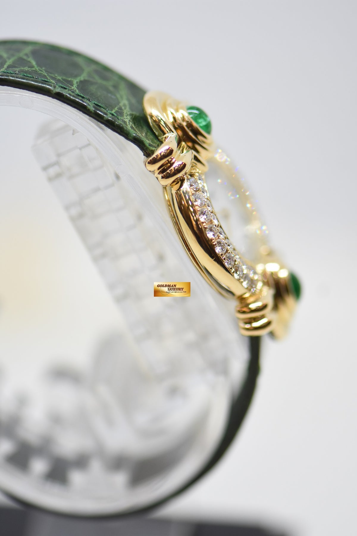 CHOPARD FANCY DIAMOND & EMERALD LADIES YELLOW GOLD MOP DIAMOND DIAL QUARTZ 13-603D-22 (MINT)