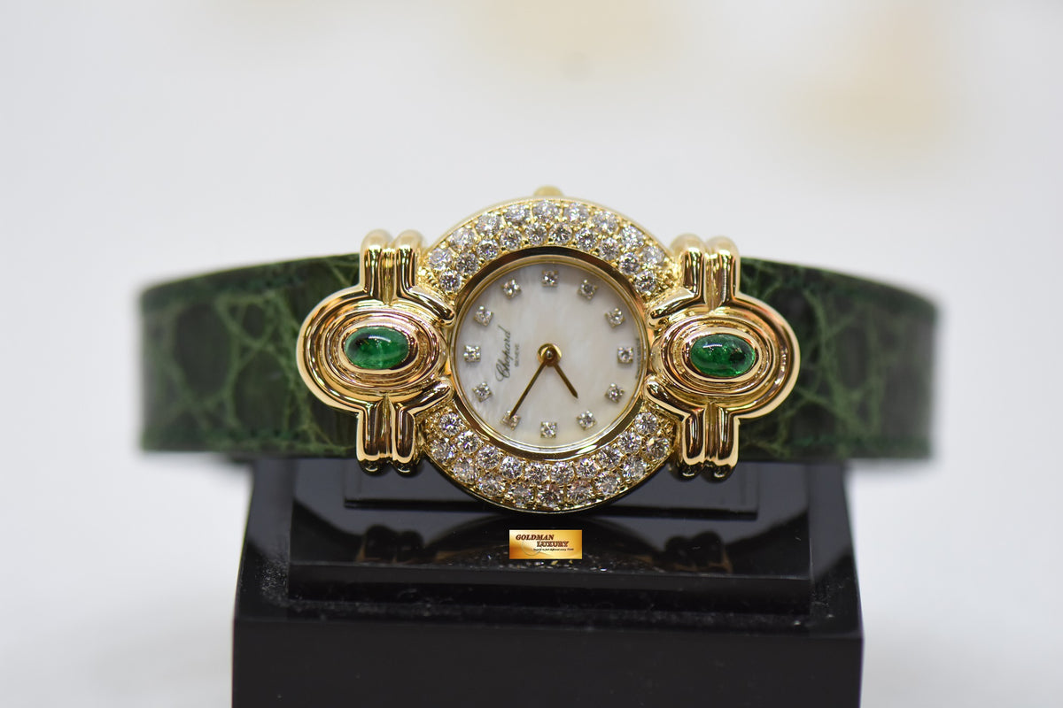 CHOPARD FANCY DIAMOND & EMERALD LADIES YELLOW GOLD MOP DIAMOND DIAL QUARTZ 13-603D-22 (MINT)