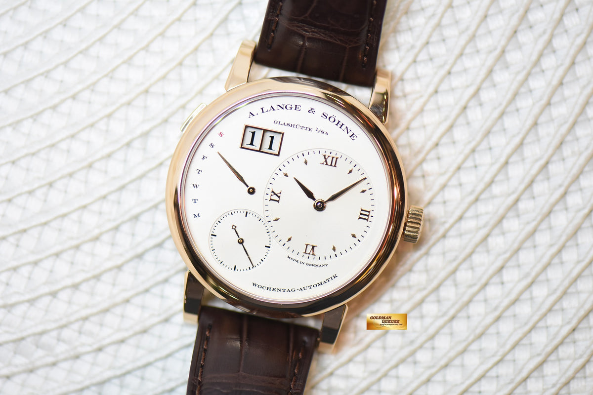 A.LANGE & SOHNE LANGE 1 DAYMATIC 39.5mm ROSE GOLD IN LEATHER SILVER AUTOMATIC 320.032 (MINT)