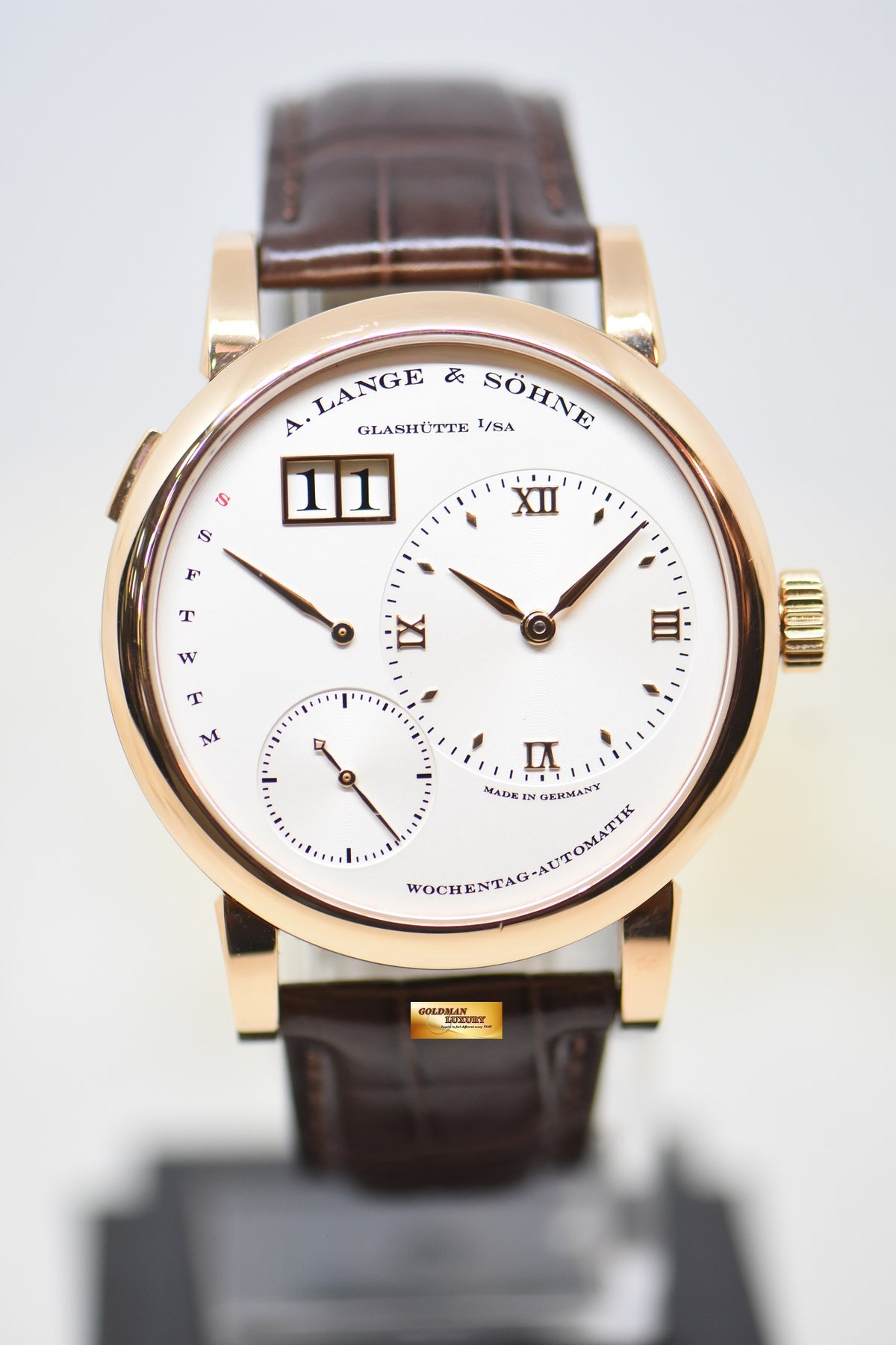 A.LANGE & SOHNE LANGE 1 DAYMATIC 39.5mm ROSE GOLD IN LEATHER SILVER AUTOMATIC 320.032 (MINT)