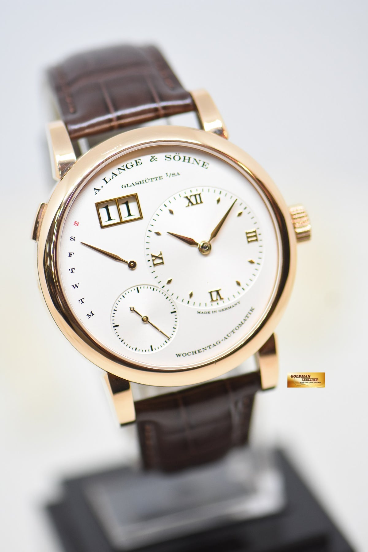 A.LANGE & SOHNE LANGE 1 DAYMATIC 39.5mm ROSE GOLD IN LEATHER SILVER AUTOMATIC 320.032 (MINT)