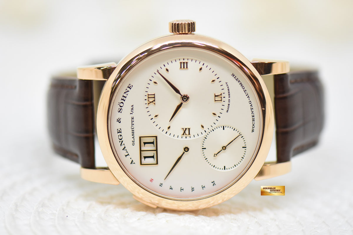 A.LANGE & SOHNE LANGE 1 DAYMATIC 39.5mm ROSE GOLD IN LEATHER SILVER AUTOMATIC 320.032 (MINT)