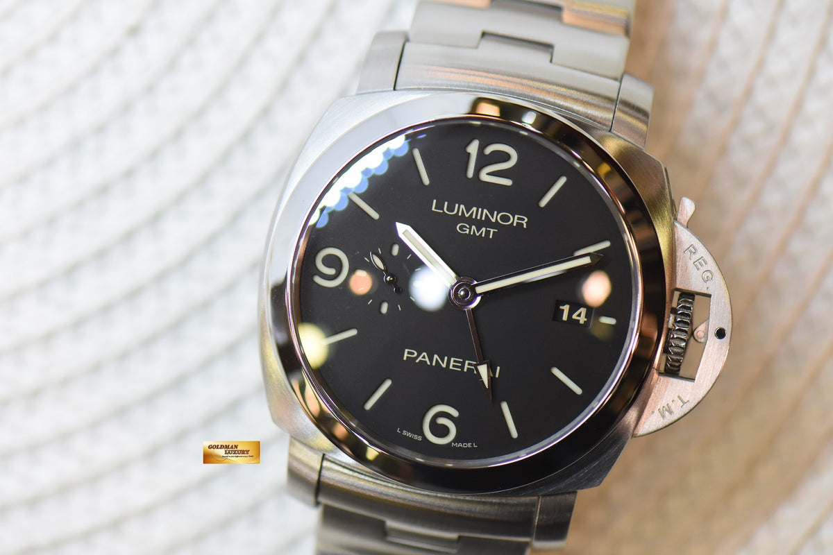 PANERAI LUMINOR 1950 GMT 44mm STEEL IN BRACELET AUTOMATIC BLACK PAM 329 (MINT)