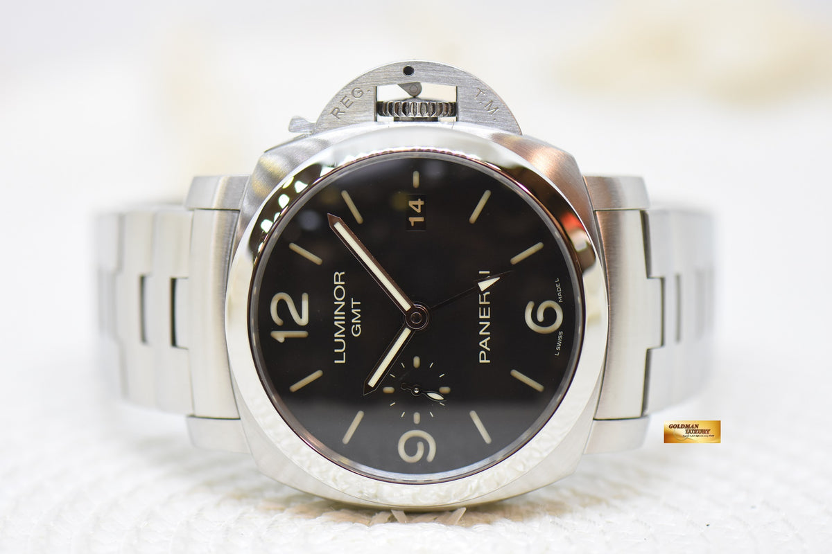 PANERAI LUMINOR 1950 GMT 44mm STEEL IN BRACELET AUTOMATIC BLACK PAM 329 (MINT)