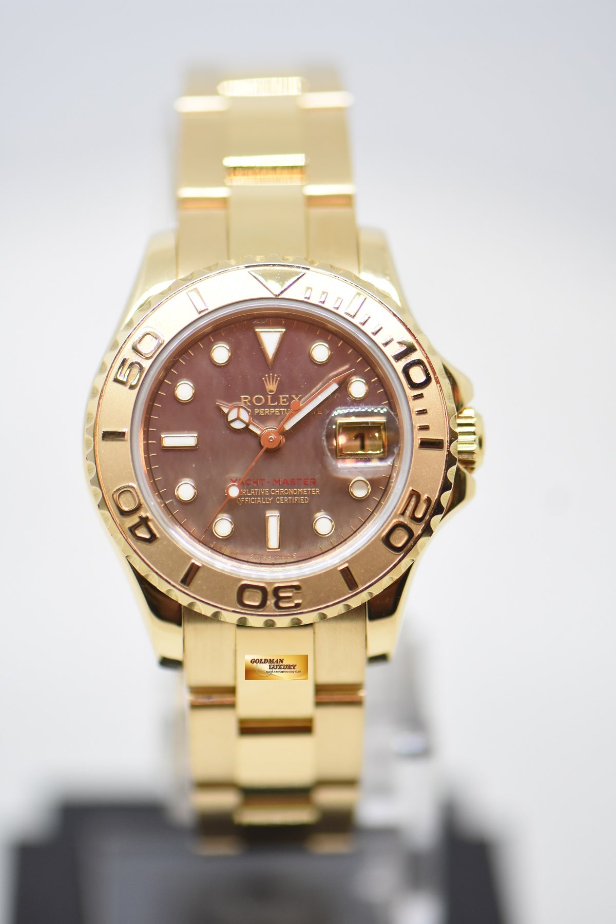 ROLEX OYSTER YACHTMASTER 29mm YELLOW GOLD IN BRACELET TAHITIAN MOP DIAL 169628 (MINT)