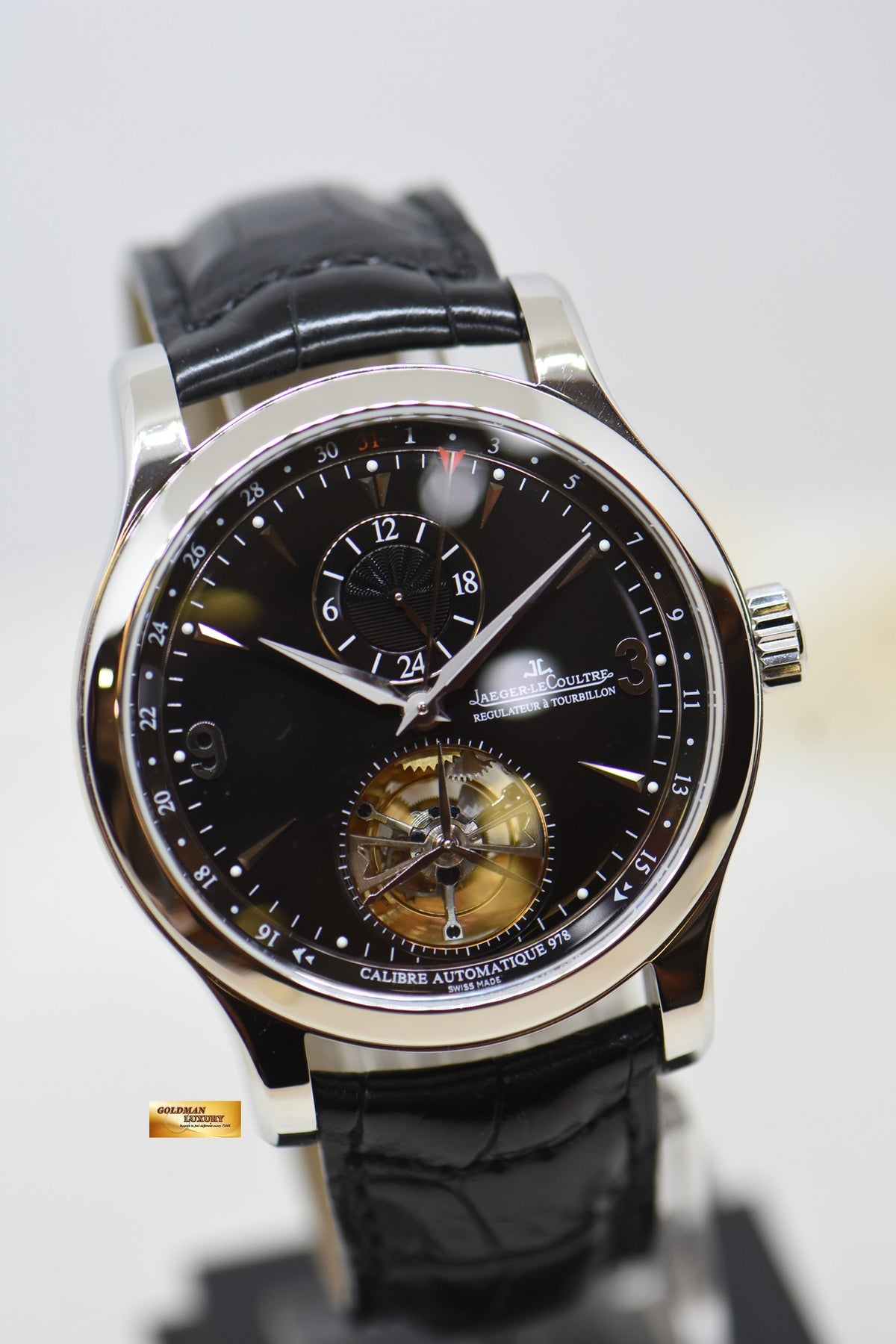 JLC MASTER GRAND TOURBILLION GMT 43mm PLATINUM IN LEATHER STRAP MENS AUTOMATIC 149.6.34S (MINT)