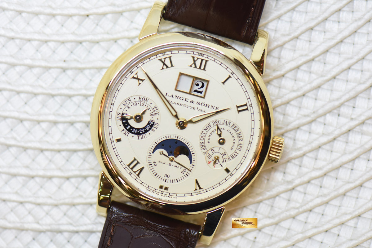 A.LANGE & SOHNE SAX-O-MAT LANGEMATIK 38.5mm YELLOW GOLD PERPETUAL CALENDAR MOONPHASE OUTSIZED DATE AUTOMATIC 310.021 (MINT)