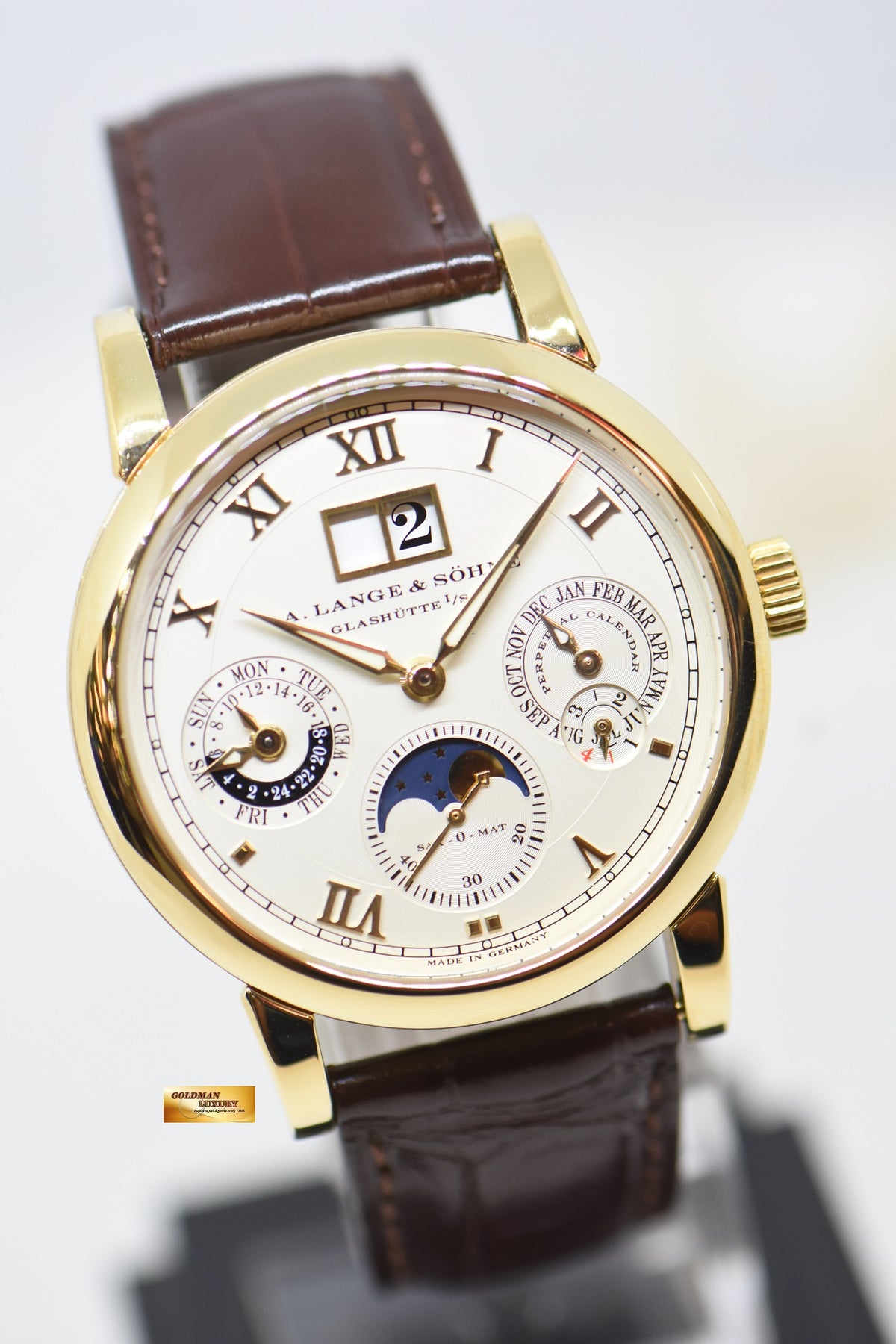A.LANGE & SOHNE SAX-O-MAT LANGEMATIK 38.5mm YELLOW GOLD PERPETUAL CALENDAR MOONPHASE OUTSIZED DATE AUTOMATIC 310.021 (MINT)