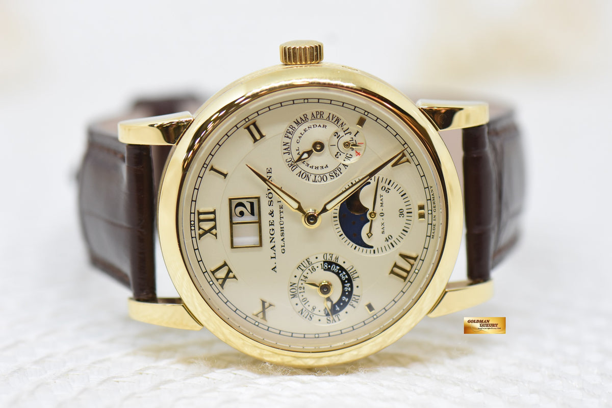 A.LANGE & SOHNE SAX-O-MAT LANGEMATIK 38.5mm YELLOW GOLD PERPETUAL CALENDAR MOONPHASE OUTSIZED DATE AUTOMATIC 310.021 (MINT)
