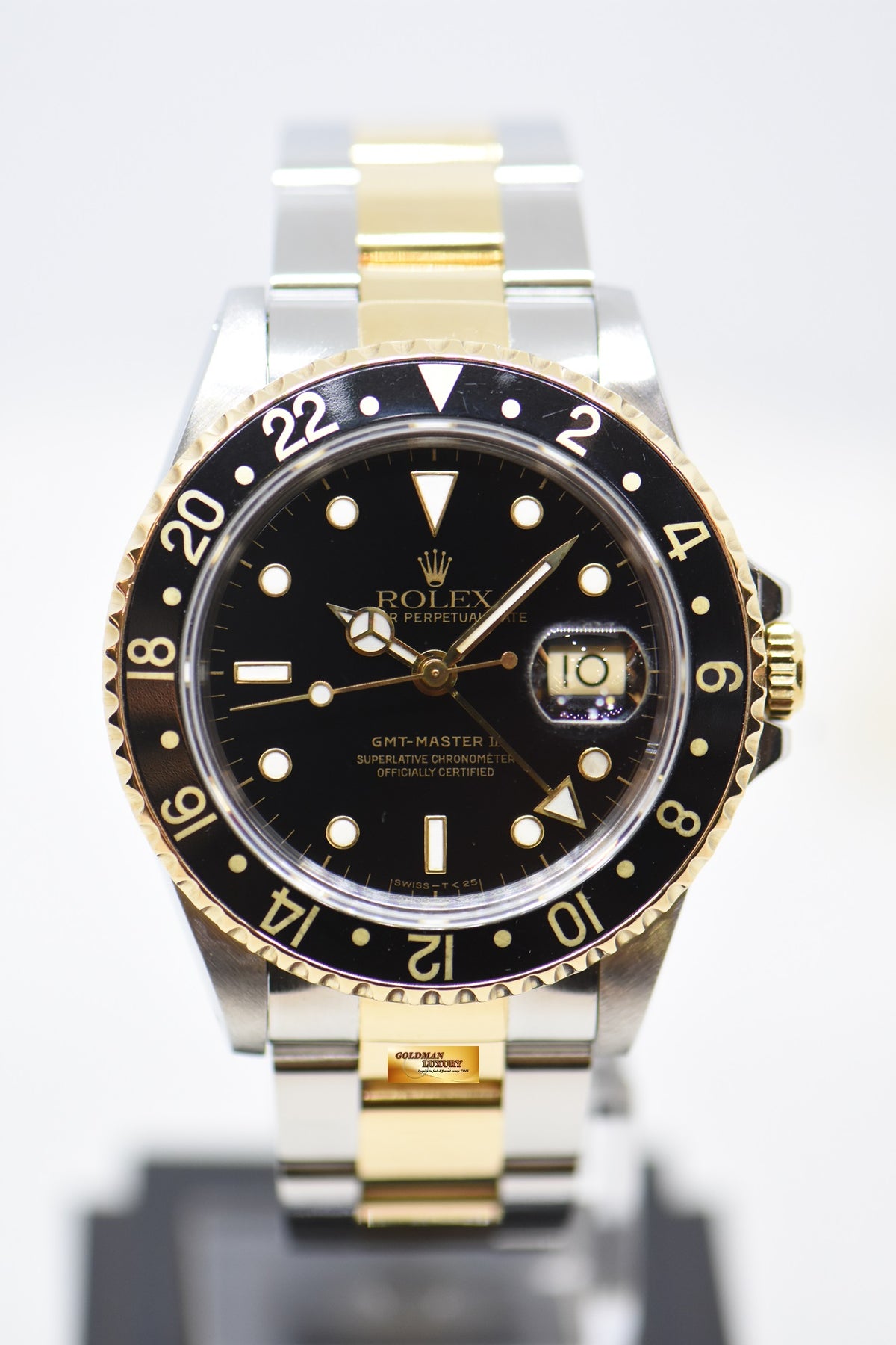 ROLEX OYSTER GMT-MASTER II 40mm HALF-GOLD IN OYSTER BRACELET BLACK TRITIUM DIAL 16713 (MINT)