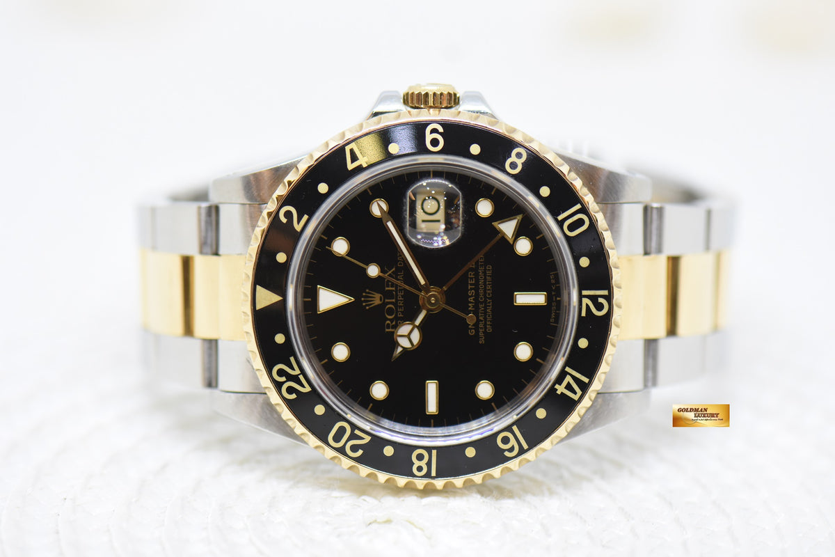 ROLEX OYSTER GMT-MASTER II 40mm HALF-GOLD IN OYSTER BRACELET BLACK TRITIUM DIAL 16713 (MINT)