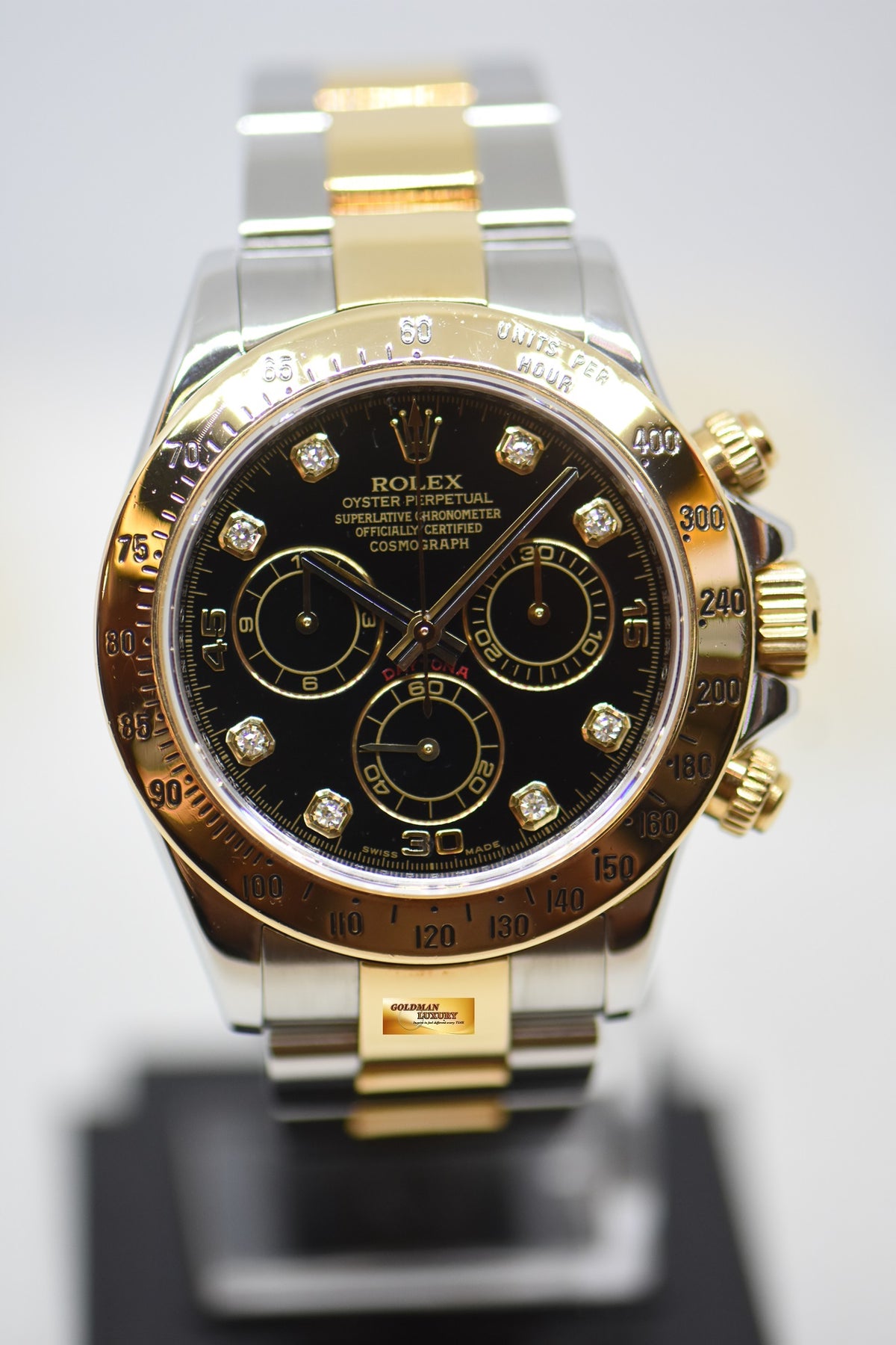 ROLEX OYSTER DAYTONA CHRONOGRAPH 40mm HALF-GOLD IN BRACELET BLACK DIAMOND DIAL 116523 (MINT)