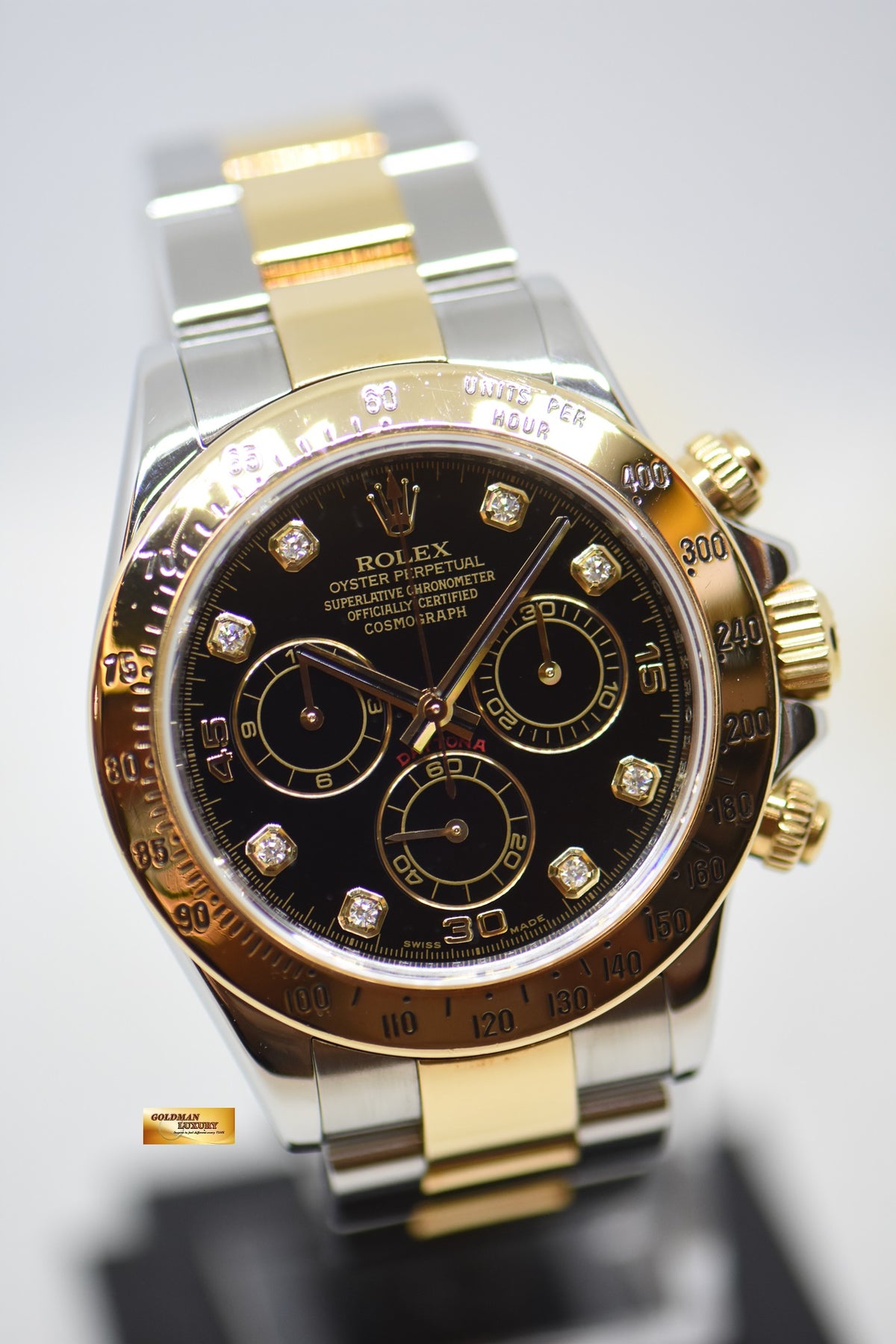 ROLEX OYSTER DAYTONA CHRONOGRAPH 40mm HALF-GOLD IN BRACELET BLACK DIAMOND DIAL 116523 (MINT)