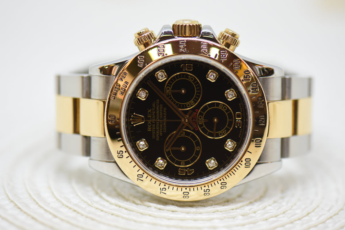 ROLEX OYSTER DAYTONA CHRONOGRAPH 40mm HALF-GOLD IN BRACELET BLACK DIAMOND DIAL 116523 (MINT)