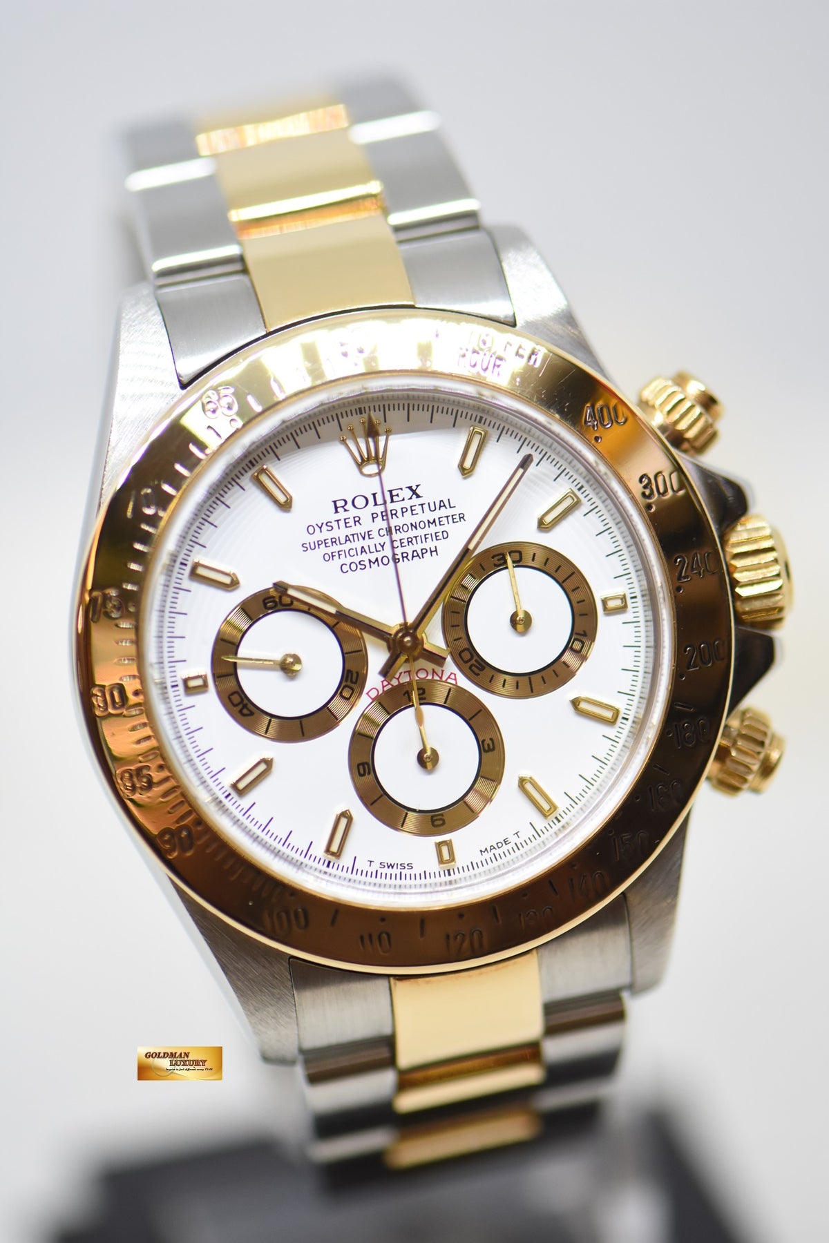 ROLEX OYSTER DAYTONA CHRONOGRAPH 40mm HALF-GOLD IN BRACELET ZENITH MVT WHITE DIAL 16523 (MINT)