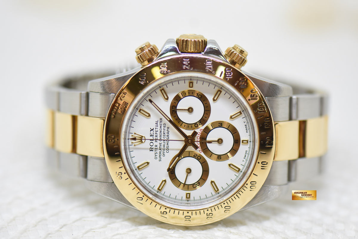 ROLEX OYSTER DAYTONA CHRONOGRAPH 40mm HALF-GOLD IN BRACELET ZENITH MVT WHITE DIAL 16523 (MINT)