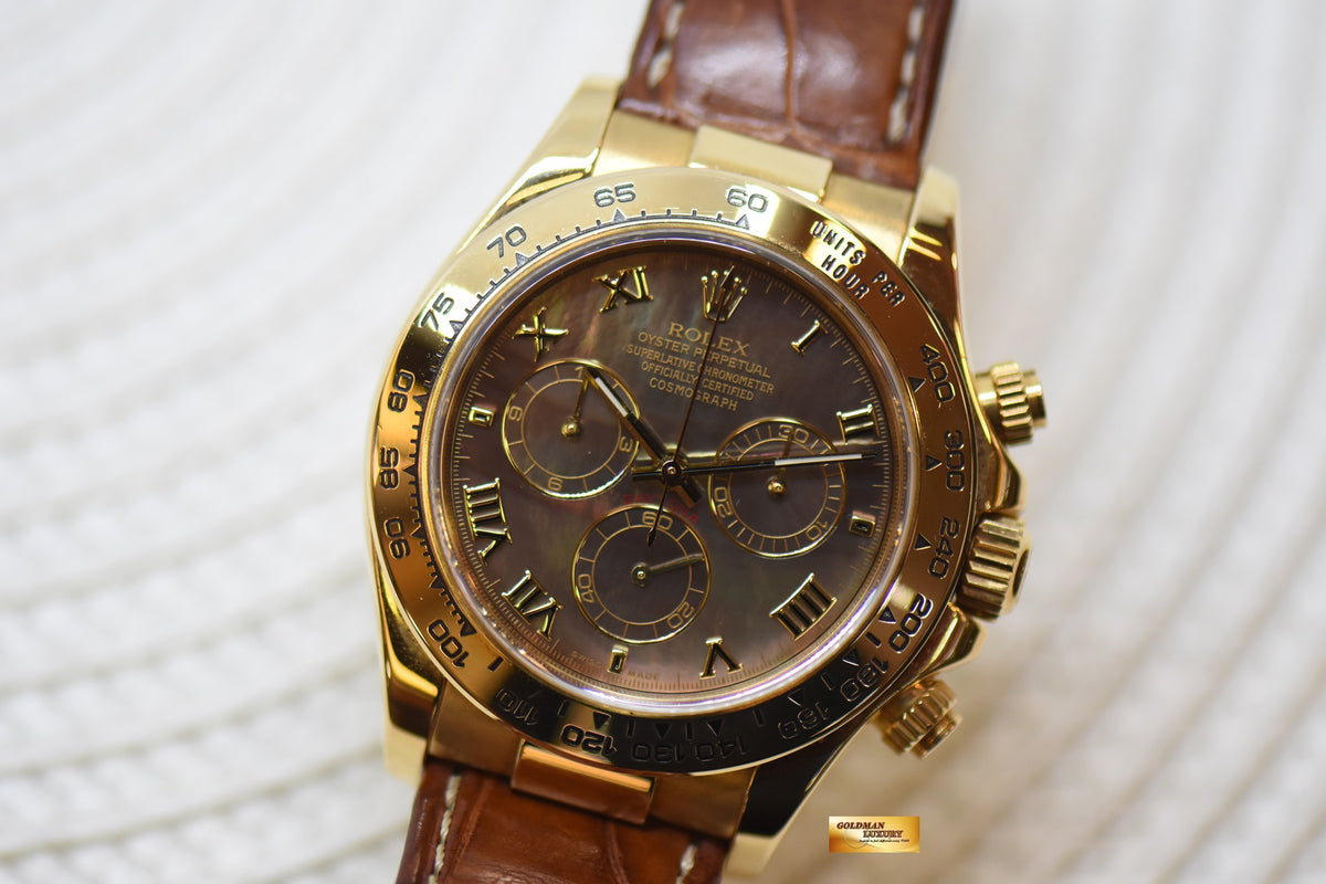ROLEX OYSTER DAYTONA CHRONOGRAPH 40mm YELLOW GOLD IN LEATHER DARK TAHITIAN MOP ROMAN DIAL 116518 (MINT)