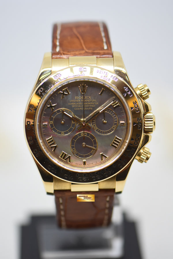 ROLEX OYSTER DAYTONA CHRONOGRAPH 40mm YELLOW GOLD IN LEATHER DARK TAHITIAN MOP ROMAN DIAL 116518 (MINT)