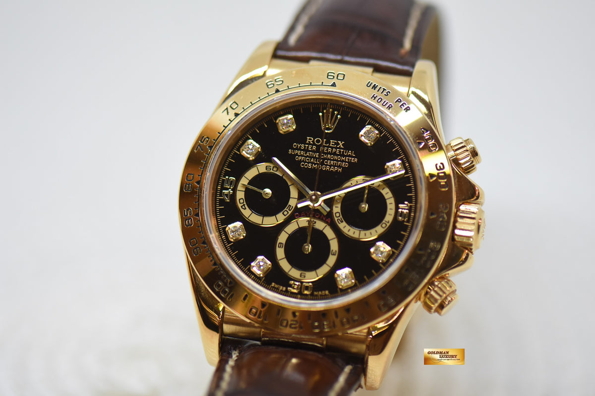 ROLEX OYSTER DAYTONA ZENITH CHRONOGRAPH 40mm YELLOW GOLD IN LEATHER BLACK DIAMOND DIAL 16518 (MINT)