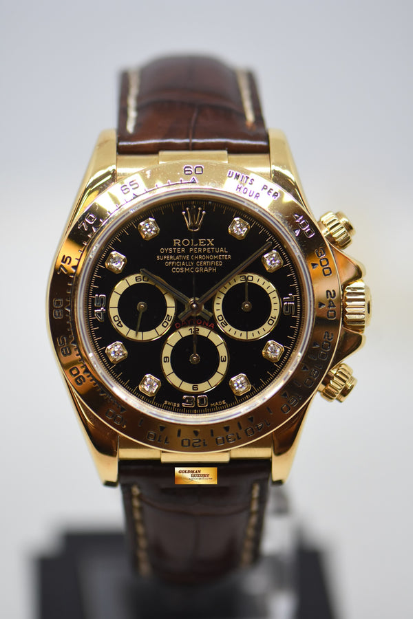 ROLEX OYSTER DAYTONA ZENITH CHRONOGRAPH 40mm YELLOW GOLD IN LEATHER BLACK DIAMOND DIAL 16518 (MINT)