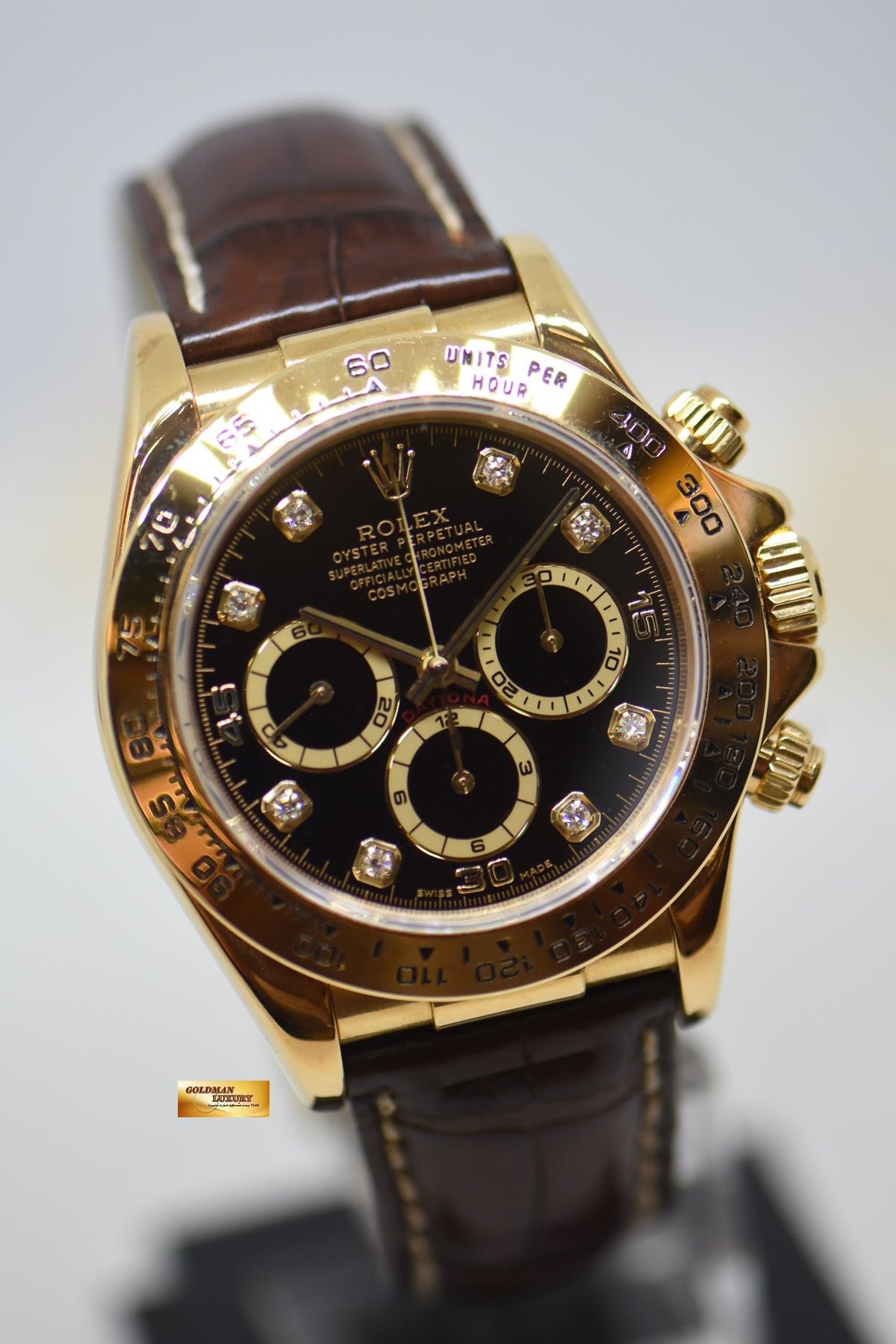 ROLEX OYSTER DAYTONA ZENITH CHRONOGRAPH 40mm YELLOW GOLD IN LEATHER BLACK DIAMOND DIAL 16518 (MINT)