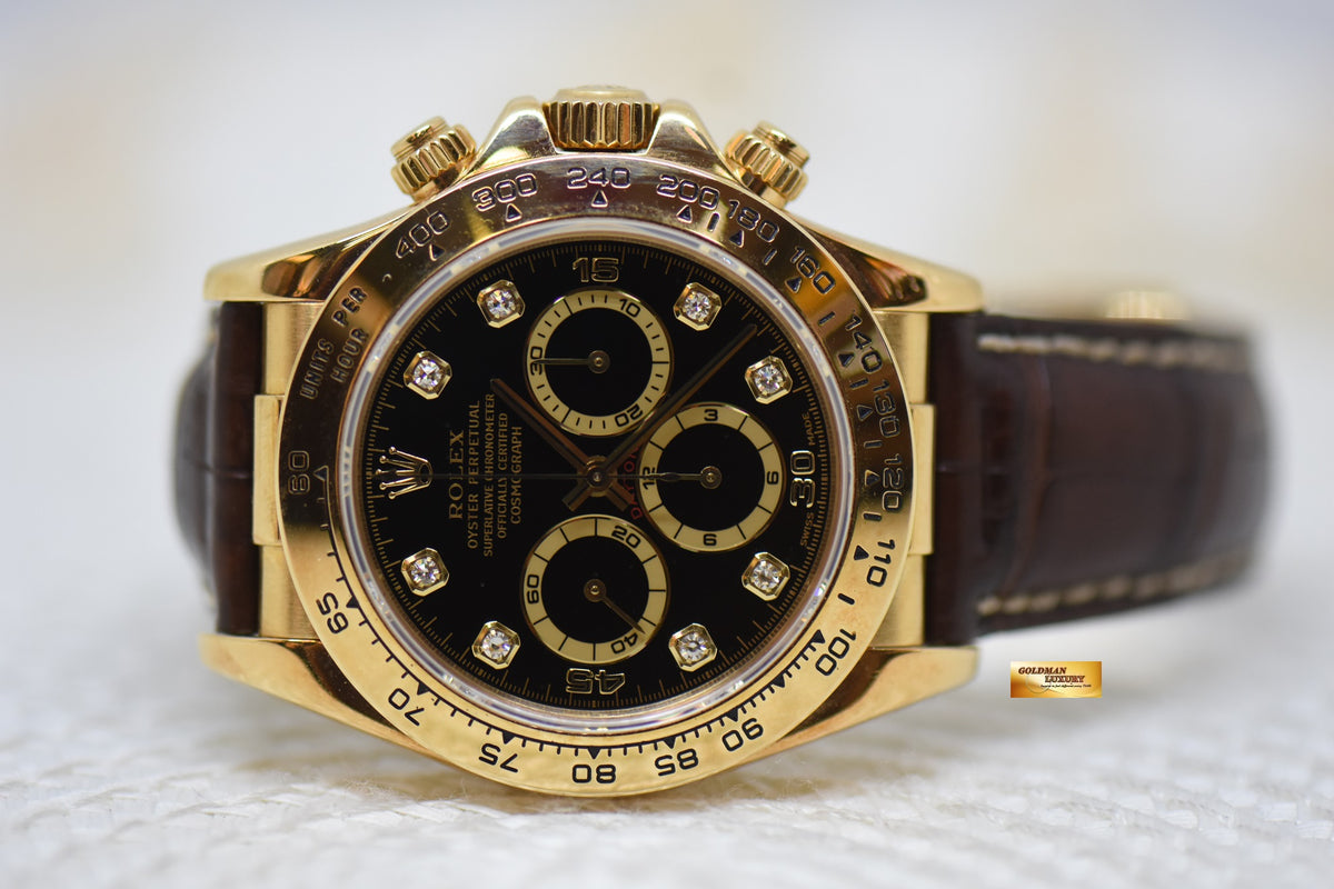 ROLEX OYSTER DAYTONA ZENITH CHRONOGRAPH 40mm YELLOW GOLD IN LEATHER BLACK DIAMOND DIAL 16518 (MINT)