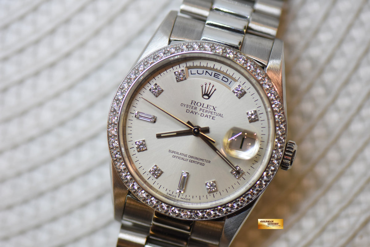 ROLEX OYSTER DAY-DATE 36mm PLATINUM IN PRESIDENT BRACELET ORIGINAL DIAMOND BEZEL & DIAMOND DIAL (DOUBLE QUICK-SET DATE) 18346 (MINT)