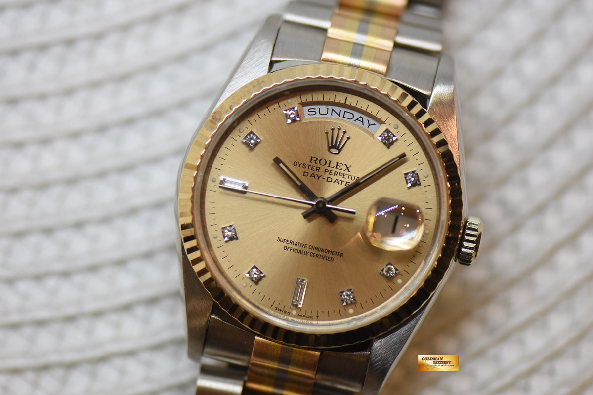 ROLEX OYSTER DAY-DATE 36mm “TRIDOR” WHITE GOLD IN PRESIDENT BRACELET GOLD DIAMOND DIAL (DOUBLE QUICK-SET DATE) 18239 (MINT)
