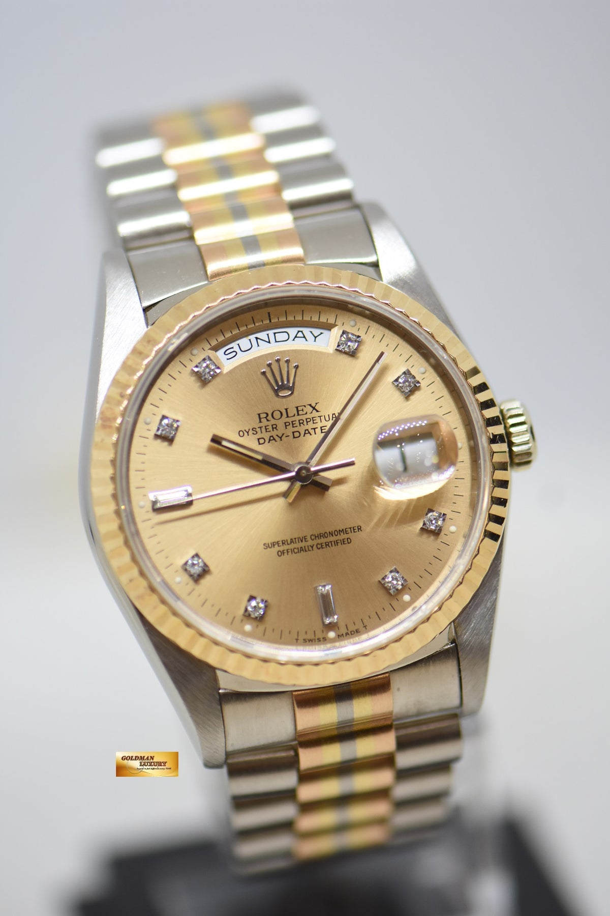 ROLEX OYSTER DAY-DATE 36mm “TRIDOR” WHITE GOLD IN PRESIDENT BRACELET GOLD DIAMOND DIAL (DOUBLE QUICK-SET DATE) 18239 (MINT)