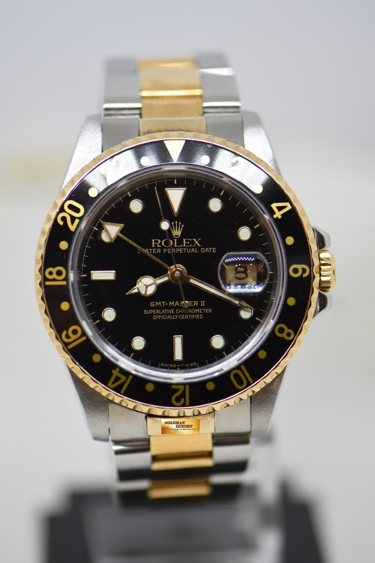 ROLEX OYSTER GMT-MASTER II 40mm HALF-GOLD IN OYSTER BRACELET BLACK TRITIUM DIAL 16713 (MINT)