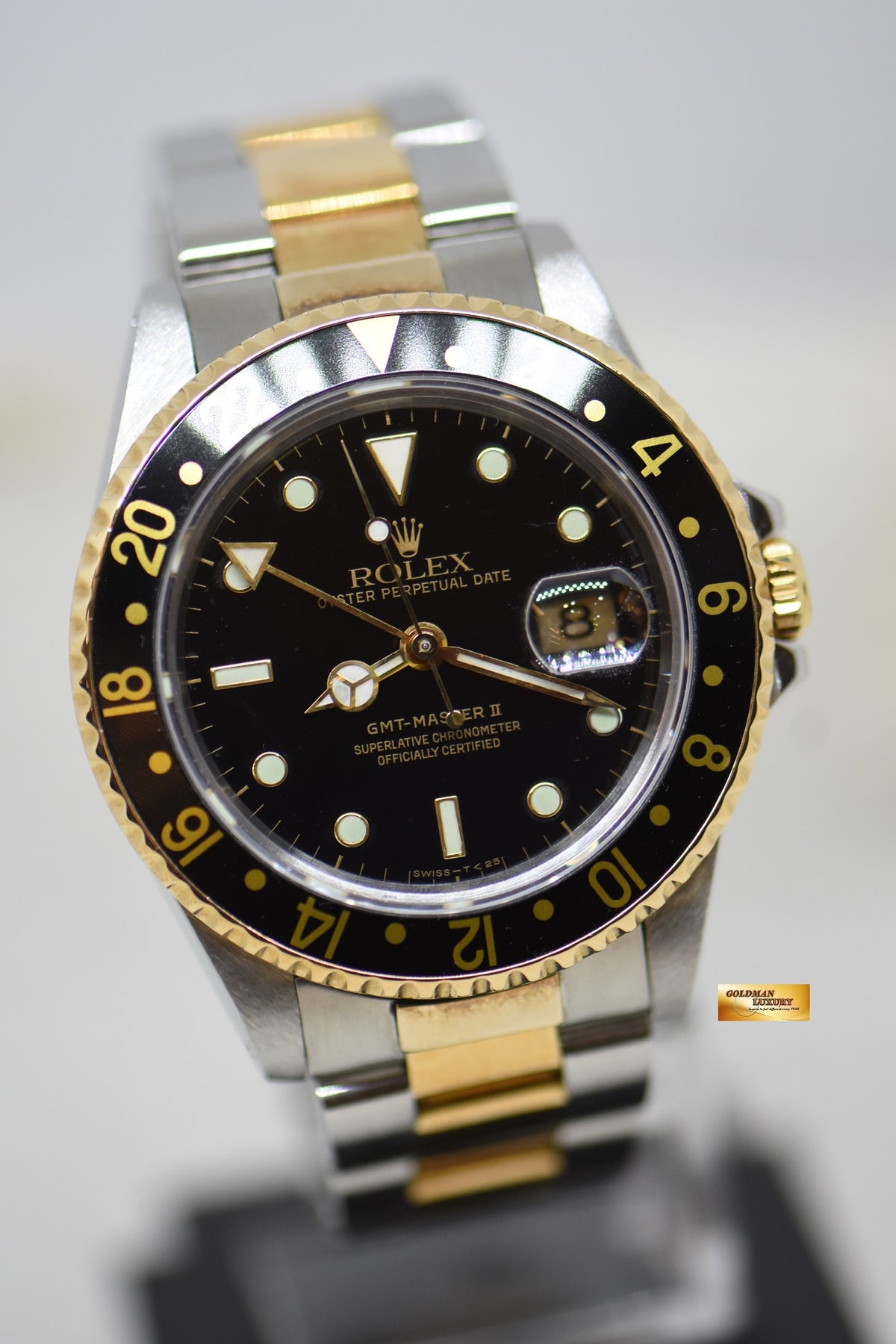 ROLEX OYSTER GMT-MASTER II 40mm HALF-GOLD IN OYSTER BRACELET BLACK TRITIUM DIAL 16713 (MINT)