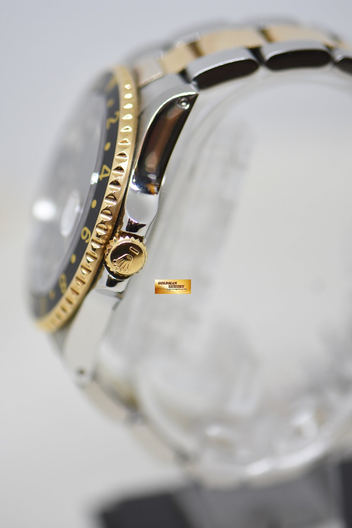 ROLEX OYSTER GMT-MASTER II 40mm HALF-GOLD IN OYSTER BRACELET BLACK TRITIUM DIAL 16713 (MINT)