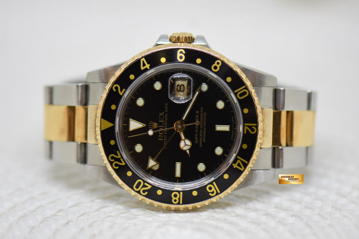 ROLEX OYSTER GMT-MASTER II 40mm HALF-GOLD IN OYSTER BRACELET BLACK TRITIUM DIAL 16713 (MINT)