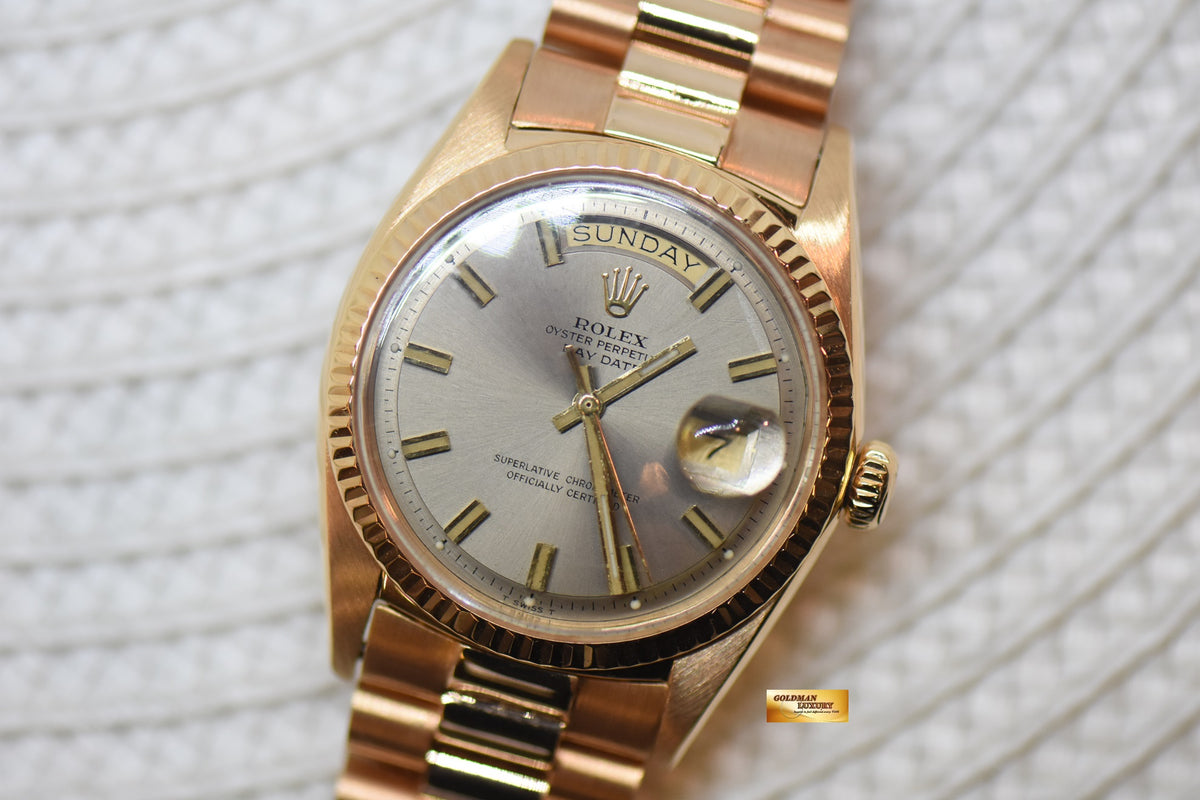 ROLEX OYSTER DAY-DATE 36mm ROSE GOLD IN PRESIDENT BRACELET DARK GREY “WIDE-BOY” DIAL (NON-QUICK-SET DATE) 1803 (RARE-VINTAGE)
