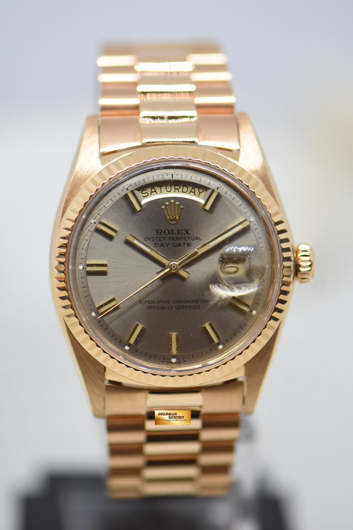 ROLEX OYSTER DAY-DATE 36mm ROSE GOLD IN PRESIDENT BRACELET DARK GREY “WIDE-BOY” DIAL (NON-QUICK-SET DATE) 1803 (RARE-VINTAGE)