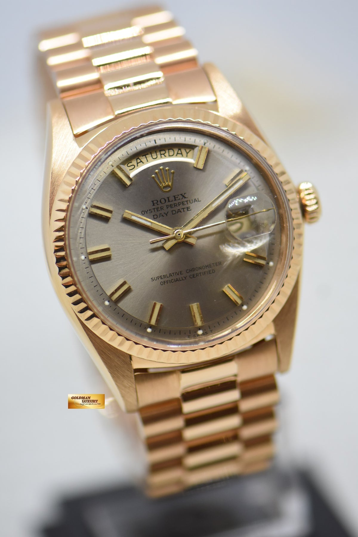 ROLEX OYSTER DAY-DATE 36mm ROSE GOLD IN PRESIDENT BRACELET DARK GREY “WIDE-BOY” DIAL (NON-QUICK-SET DATE) 1803 (RARE-VINTAGE)