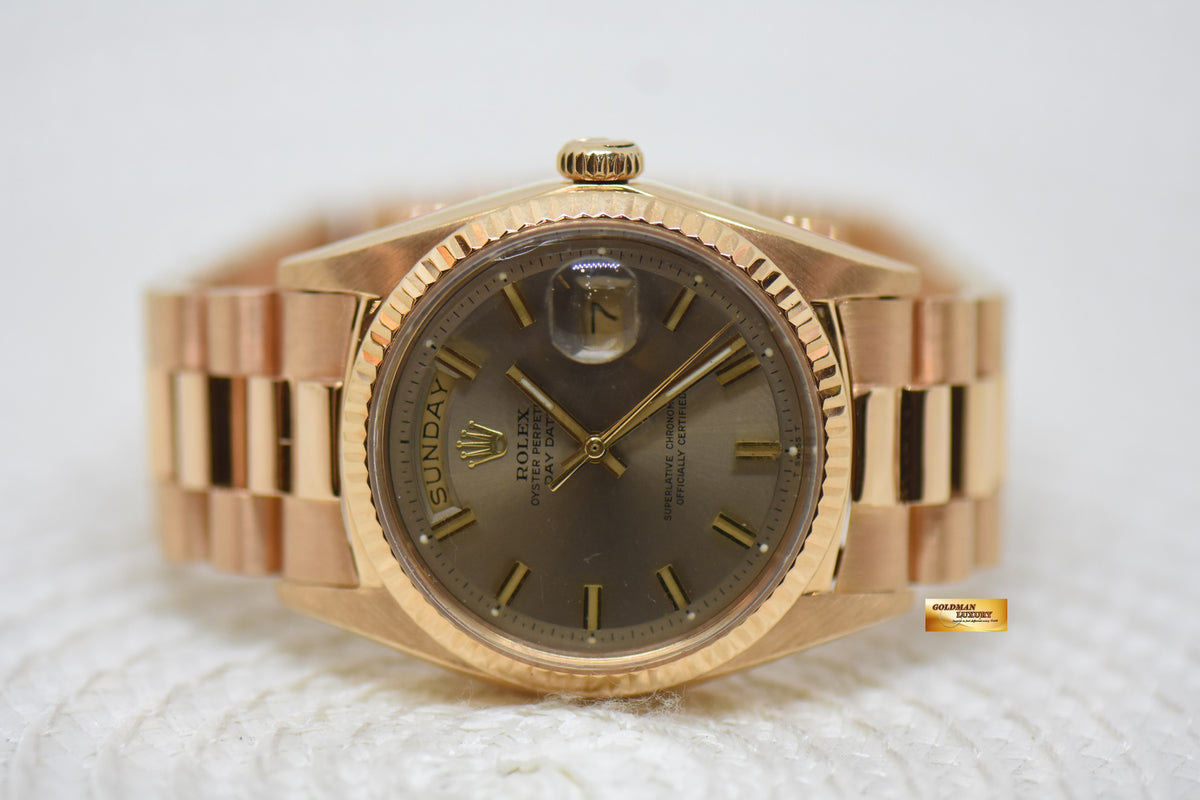 ROLEX OYSTER DAY-DATE 36mm ROSE GOLD IN PRESIDENT BRACELET DARK GREY “WIDE-BOY” DIAL (NON-QUICK-SET DATE) 1803 (RARE-VINTAGE)