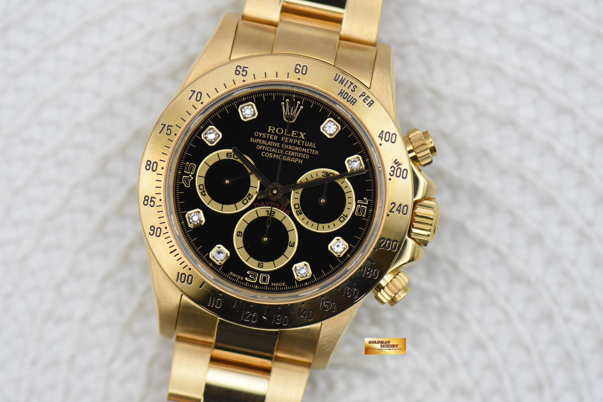 ROLEX OYSTER ZENITH DAYTONA YELLOW GOLD IN BRACELET BLACK PATRIZZI DIAMOND DIAL 16528 (LNIB)
