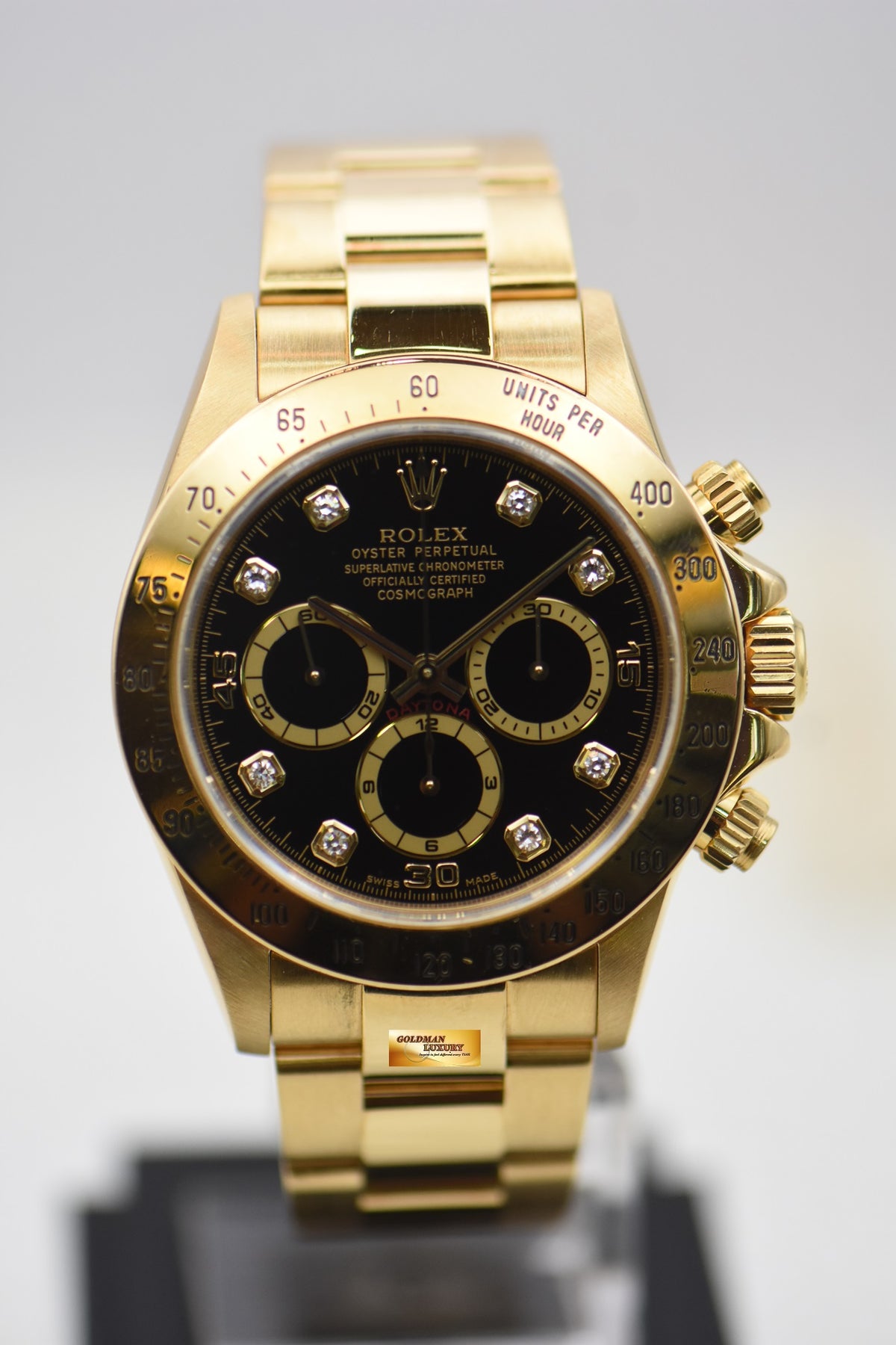 ROLEX OYSTER ZENITH DAYTONA YELLOW GOLD IN BRACELET BLACK PATRIZZI DIAMOND DIAL 16528 (LNIB)