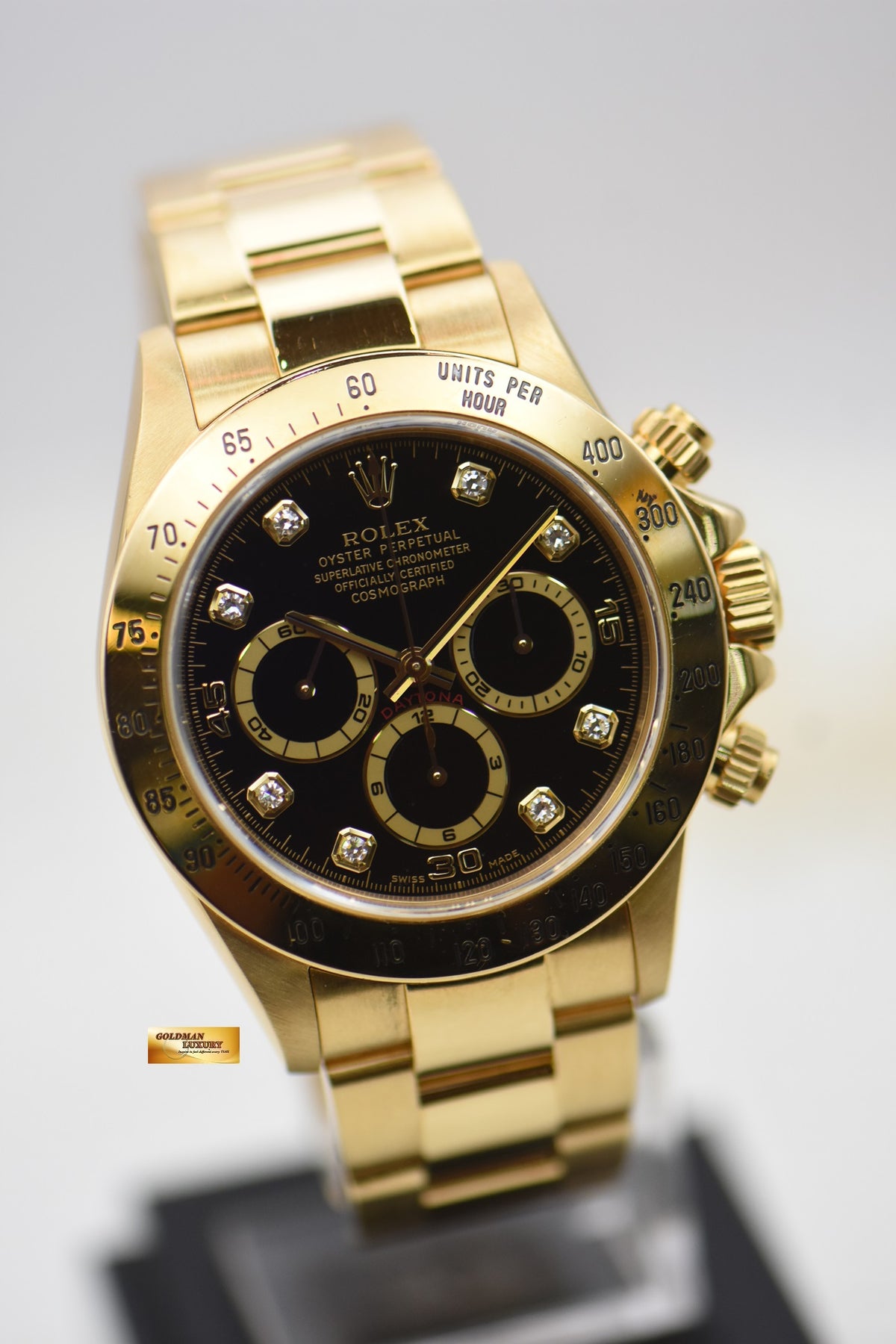ROLEX OYSTER ZENITH DAYTONA YELLOW GOLD IN BRACELET BLACK PATRIZZI DIAMOND DIAL 16528 (LNIB)