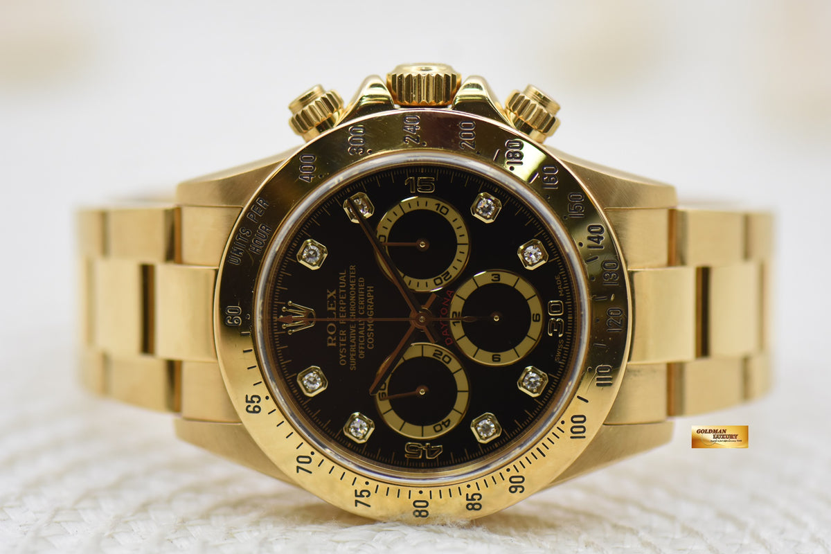 ROLEX OYSTER ZENITH DAYTONA YELLOW GOLD IN BRACELET BLACK PATRIZZI DIAMOND DIAL 16528 (LNIB)
