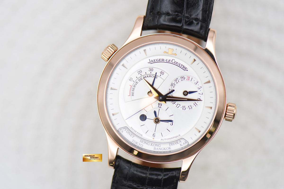 JLC MASTER GEOGRAPHIC 38mm RESERVE De MARCHE GMT ROSE GOLD IN HINGED-BACK AUTOMATIC 142.2.92 (MINT)