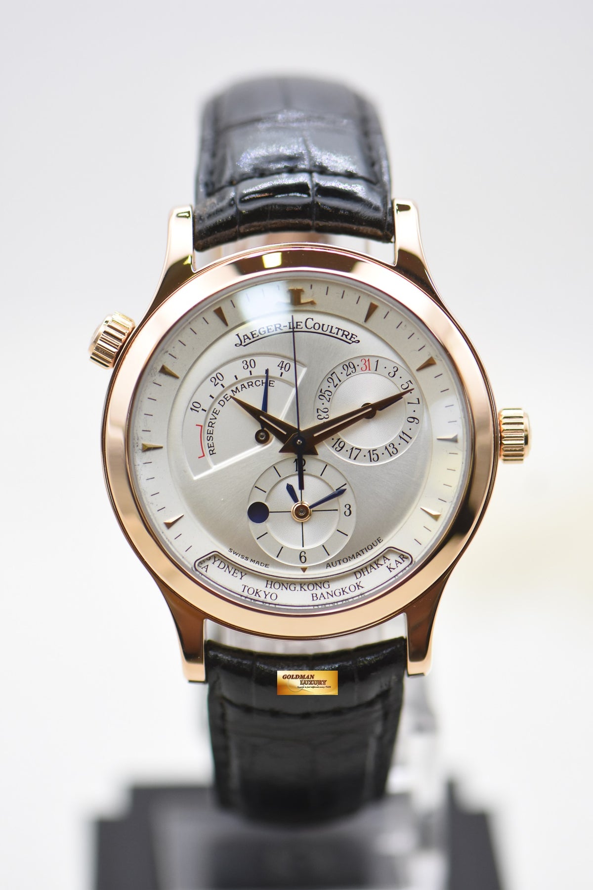 JLC MASTER GEOGRAPHIC 38mm RESERVE De MARCHE GMT ROSE GOLD IN HINGED-BACK AUTOMATIC 142.2.92 (MINT)