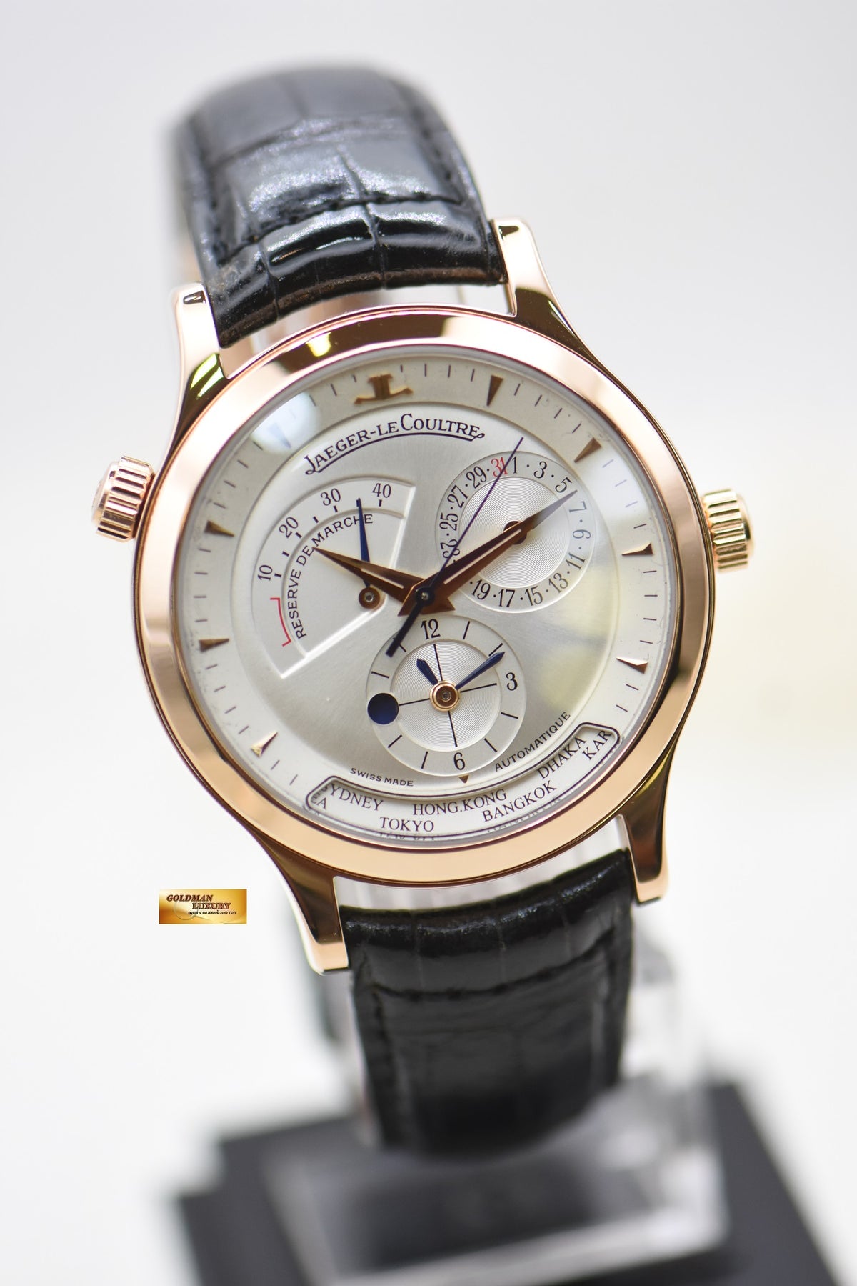 JLC MASTER GEOGRAPHIC 38mm RESERVE De MARCHE GMT ROSE GOLD IN HINGED-BACK AUTOMATIC 142.2.92 (MINT)