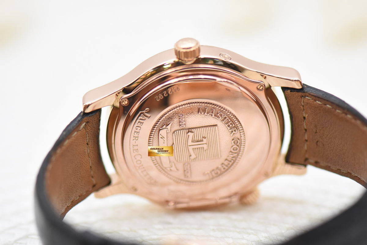 JLC MASTER GEOGRAPHIC 38mm RESERVE De MARCHE GMT ROSE GOLD IN HINGED-BACK AUTOMATIC 142.2.92 (MINT)