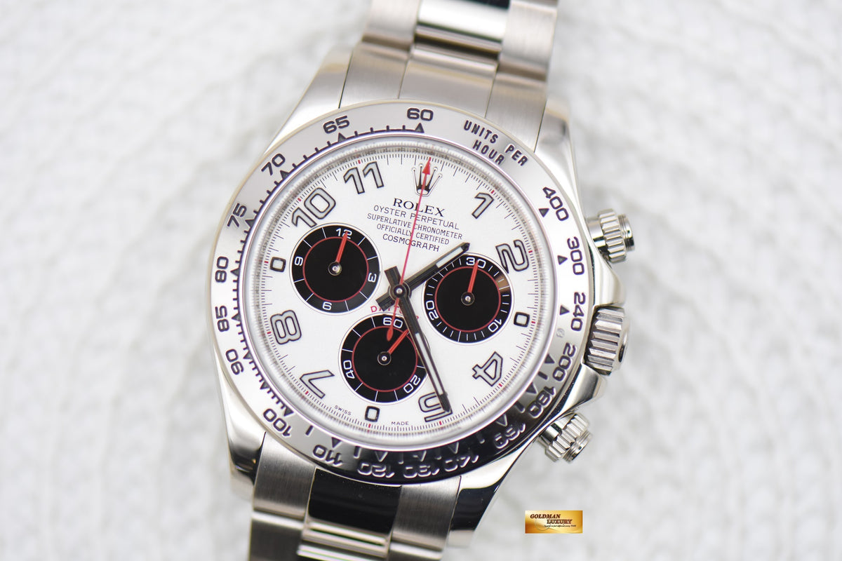 ROLEX OYSTER DAYTONA 40mm WHITE GOLD IN BRACELET PANDA ARABIC DIAL (RARE DIAL) 116509 (MINT)