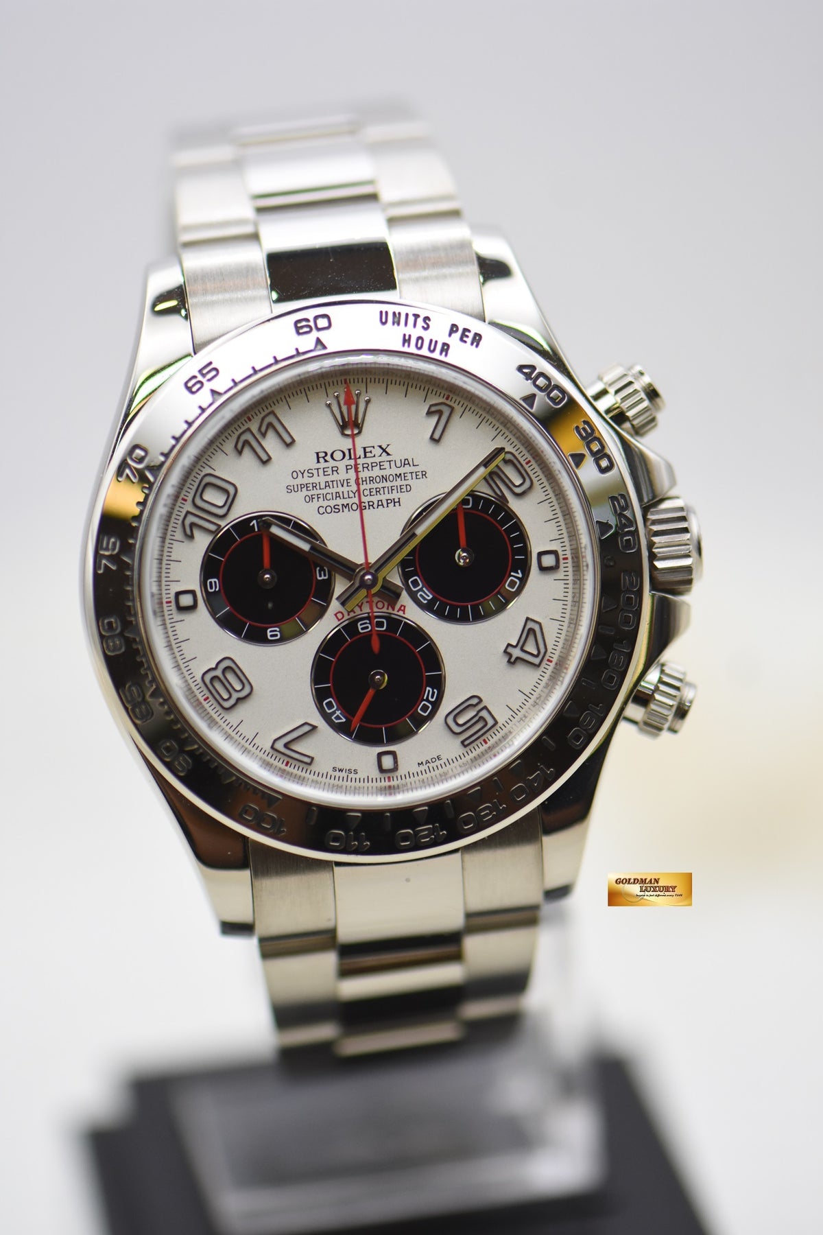 ROLEX OYSTER DAYTONA 40mm WHITE GOLD IN BRACELET PANDA ARABIC DIAL (RARE DIAL) 116509 (MINT)